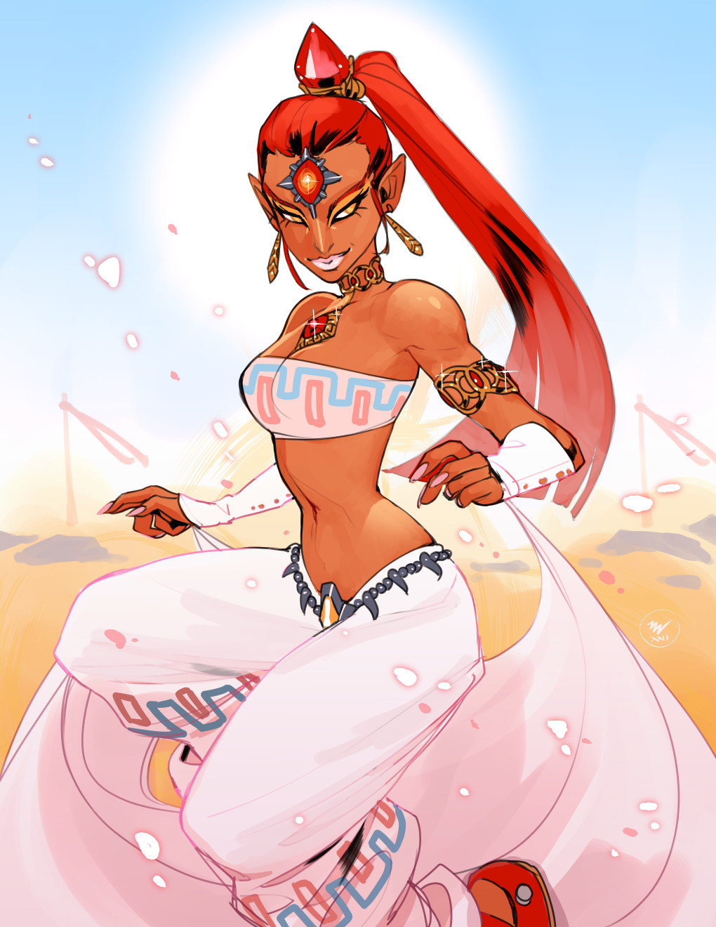 1girl, armlet, breasts, brooch, choker, cleavage, commentary, dark-skinned_female