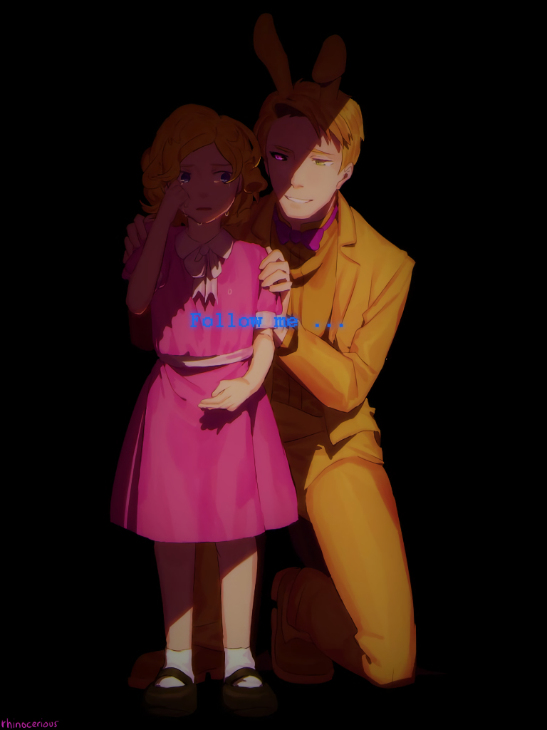 1boy, 1girl, animal_ears, blonde_hair, blue_eyes, crying, crying_with_eyes_open, dress, five_nights_at_freddy's, formal_clothes, freddy_fazbear's_pizzeria_simulator, heterochromia, necktie, pink_dress, rabbit_ears, rhinocerus_(hetalia_e), short_hair, spring_bonnie_(fnaf), suit, susie_(fnaf), tears, william_afton, wiping_tears