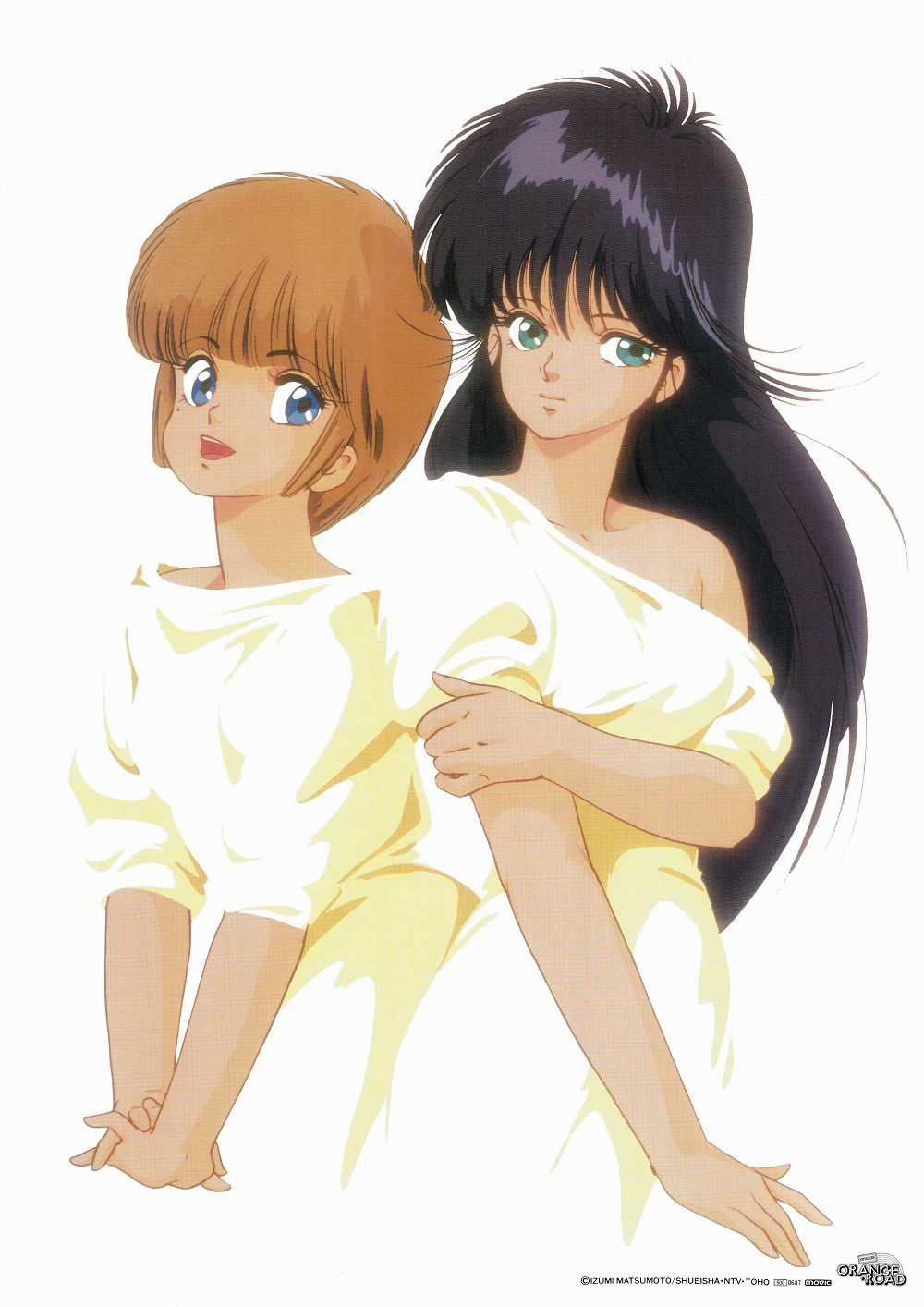 1980s_(style), 2girls, ayukawa_madoka, black_hair, blue_eyes, copyright_name, hand_on_own_arm, green_eyes