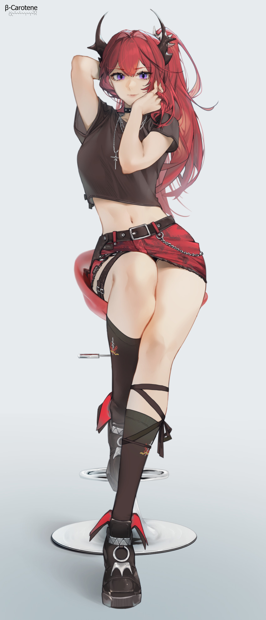 1girl, absurdres, arknights, arm_behind_head, artist_name, belt, black_belt, black_choker