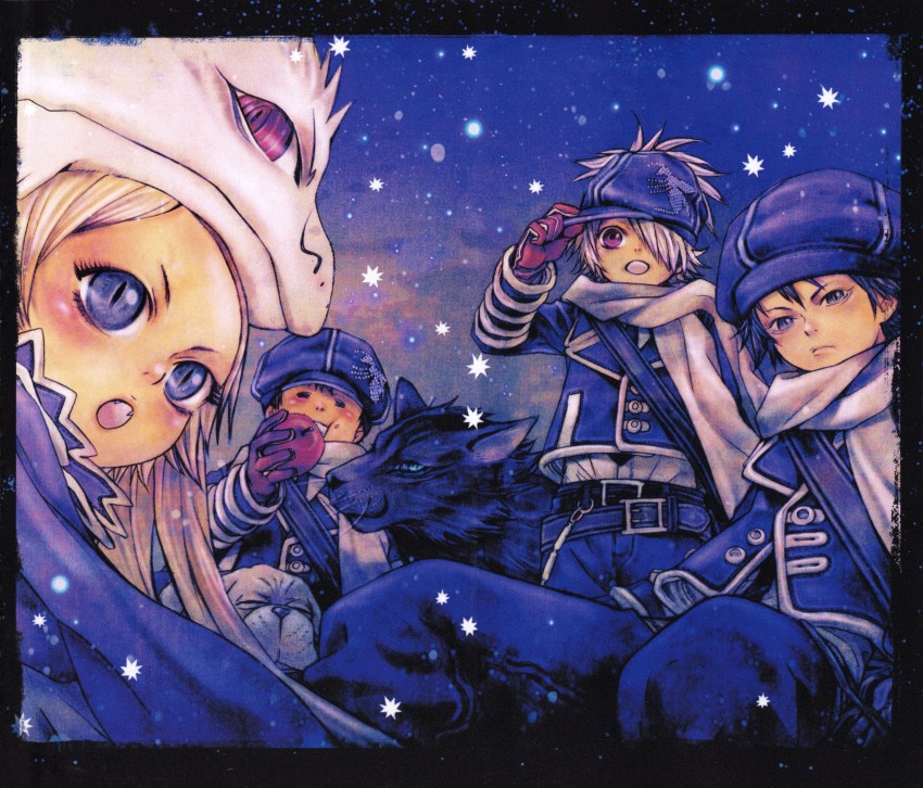 1girl, 4girls, :o, absurdres, apple, asada_hiroyuki, bag, black_hair, blonde_hair, blue_eyes, blush, brown_gloves, collar, connor_(tegami_bachi), dress, fangs, food, frilled_collar, frilled_dress, frills, fruit, gloves, hair_over_eyes, hat, highres, lag_seeing, mailman, multiple_girls, newsboy_cap, niche_(tegami_bachi), night, panther, pink_dress, purple_eyes, satchel, scarf, sky, slit_pupils, star_(sky), steak_(tegami_bachi), tegami_bachi, twintails, uniform, white_hair, zazie_winters