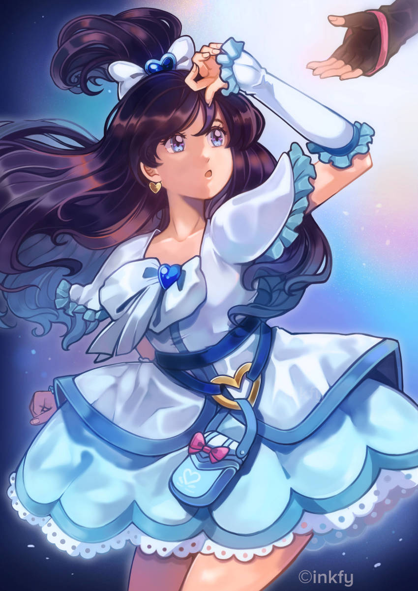 2girls, :o, absurdres, arm_warmers, artist_name, black_hair, blue_background, blue_eyes, bow, brooch, collarbone, cure_black, cure_white, dress, earrings, fingerless_gloves, frills, futari_wa_precure, futari_wa_precure_max_heart, gloves, gradient_background, hair_between_eyes, hair_ribbon, heart, heart_brooch, highres, inkfy, jewelry, long_hair, misumi_nagisa, multiple_girls, out_of_frame, pouch, precure, ribbon, signature, white_bow, white_dress, white_ribbon, yukishiro_honoka