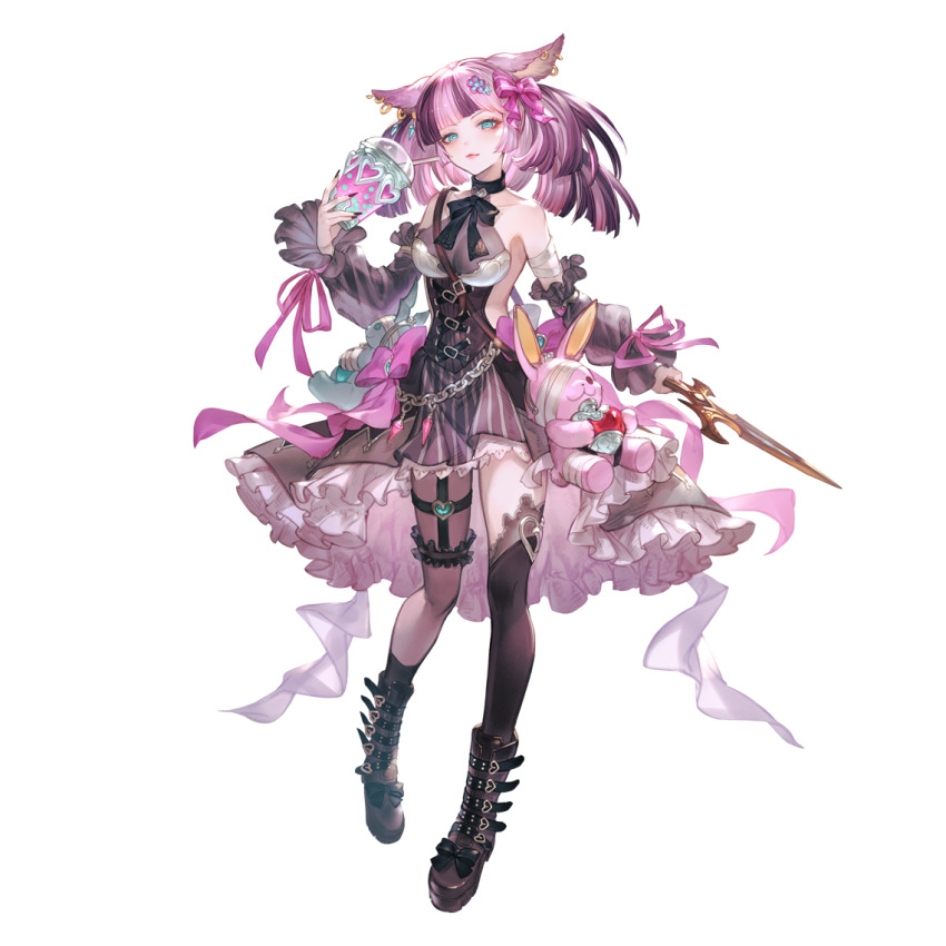 1girl, animal_ears, aqua_eyes, backless_dress, backless_outfit, bandages, bare_shoulders, black_nails, blush, boots, breasts, dagger, detached_sleeves, dress, drink, earrings, erune, floppy_ears, full_body, garter_straps, granblue_fantasy, hair_ornament, hair_ribbon, holding, holding_dagger, holding_drink, holding_knife, holding_weapon, jewelry, knife, legwear_garter, light_smile, looking_at_viewer, manamel, manamel_(granblue_fantasy), medium_breasts, medium_hair, minaba_hideo, multicolored_hair, nail_polish, official_art, pink_hair, ribbon, solo, stuffed_animal, stuffed_rabbit, stuffed_toy, transparent_background, two-tone_hair, weapon