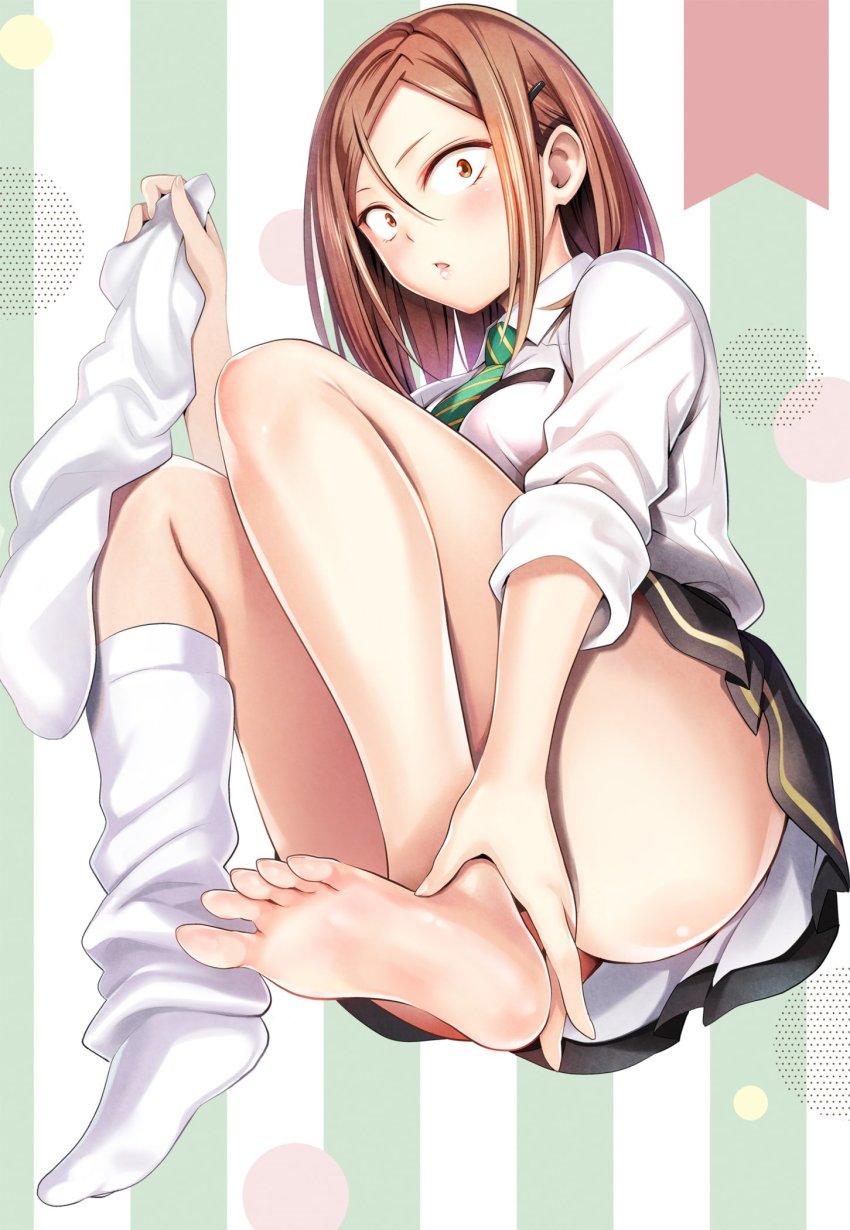 1girl, ass, ayakashi_triangle, blouse, brown_eyes, brown_hair, cleaned, commentary, commentary_request, english_commentary, feet, foreshortening, green_necktie, hair_ornament, hairclip, highres, leg_warmers, light_blush, looking_at_viewer, medium_hair, momocchi18, necktie, official_art, school_uniform, shirt, skirt, sleeves_rolled_up, socks, solo, thighs, toba_yayoi, white_shirt, yabuki_kentarou
