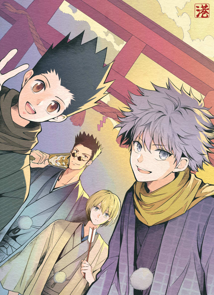 4boys, absurdres, black_hair, blonde_hair, blue_eyes, gon_freecss, highres, hunter_x_hunter, japanese_clothes, killua_zoldyck, kurapika, leorio_paladiknight, minato_x3710, multiple_boys, open_mouth, short_hair, spiked_hair, sunglasses