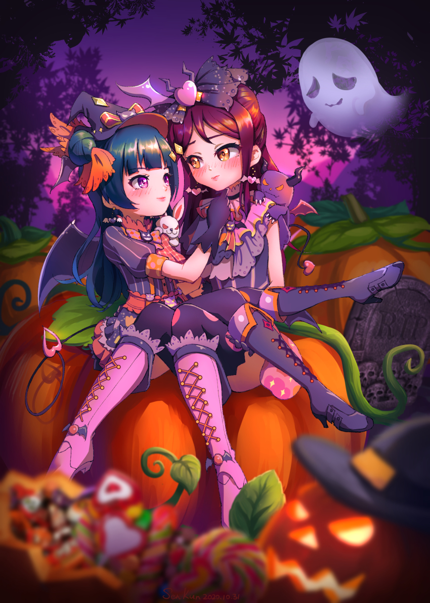 2girls, absurdres, artist_name, ascot, bat_wings, blouse, blue_hair, blunt_bangs
