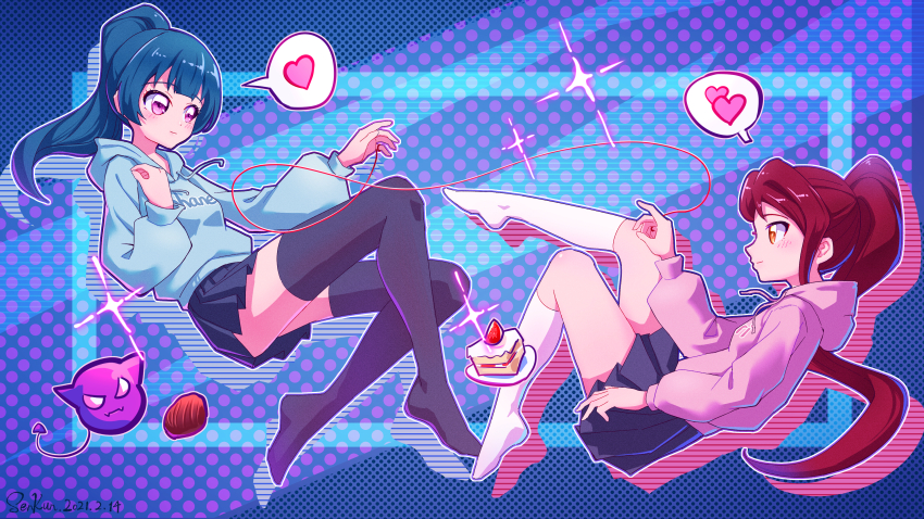 2girls, absurdres, airborne, artist_name, black_skirt, black_socks, blue_background, blue_hair, blue_hoodie, cake, cake_slice, commentary, dated, diffraction_spikes, food, full_body, hair_intakes, heart, highres, hood, hood_down, hoodie, knee_up, kneehighs, legs_up, long_hair, long_sleeves, looking_at_another, love_live!, love_live!_sunshine!!, miniskirt, multiple_girls, no_shoes, outline, pink_hoodie, pleated_skirt, polka_dot, polka_dot_background, ponytail, purple_eyes, red_hair, sakurauchi_riko, senkun, skirt, socks, spoken_heart, string, string_of_fate, thighhighs, tsushima_yoshiko, white_legwear, white_outline, yellow_eyes, yuri, zettai_ryouiki