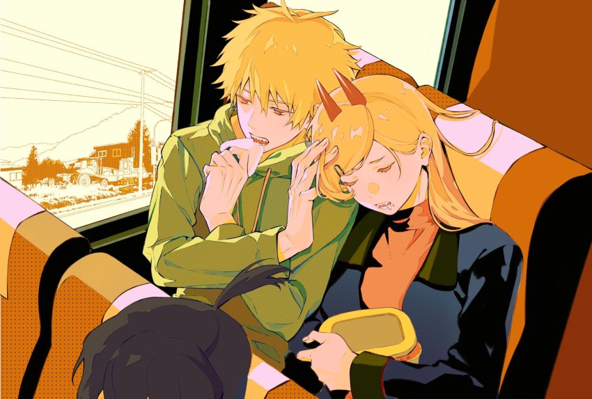 1girl, 2boys, black_hair, black_jacket, blonde_hair, blouse, chainsaw_man, chair