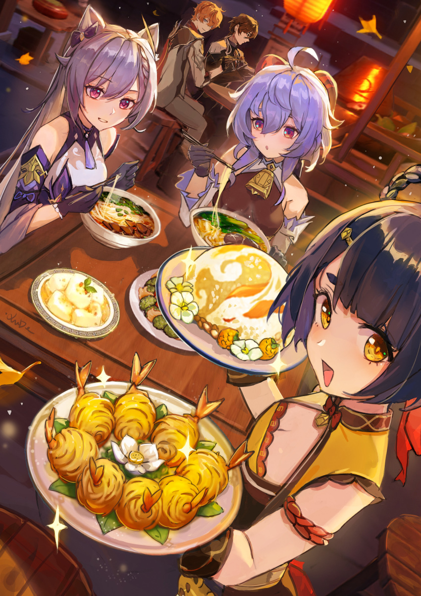2boys, 3girls, absurdres, ahoge, almond_tofu_(genshin_impact), bad_id, bad_twitter_id, bare_shoulders, bell, black_gloves, black_hair, blue_hair, blush, breasts, brown_hair, chopsticks, cleavage, detached_sleeves, dress, flower, food, formal_clothes, ganyu_(genshin_impact), genshin_impact, gloves, golden_shrimp_balls_(genshin_impact), highres, horns, keqing_(genshin_impact), lantern, long_hair, looking_at_another, looking_at_viewer, looking_to_the_side, multiple_boys, multiple_girls, neck_bell, noodles, open_mouth, outdoors, paper_lantern, prosperous_peace_(genshin_impact), purple_dress, purple_eyes, purple_hair, qingxin_flower, sidelocks, smile, sparkle, suit, table, tartaglia_(genshin_impact), upper_body, white_flower, xiangling_(genshin_impact), xude, yellow_eyes, zhongli_(genshin_impact)
