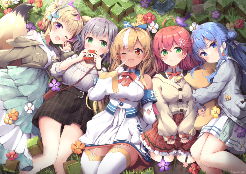 5girls, ahoge, animal_ears, bag, belt, blonde_hair, blue_eyes, blush