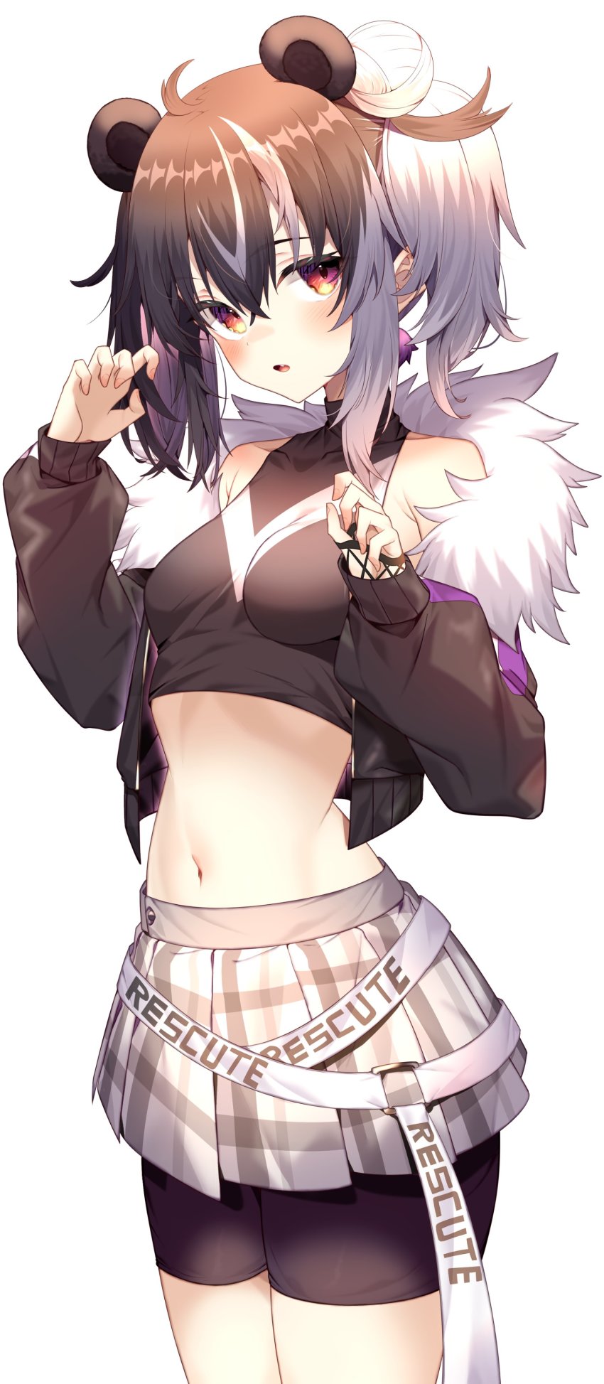 1girl, absurdres, ahoge, animal_ears, armpit_crease, bare_shoulders, belt, bike_shorts, black_hair, black_jacket, black_shirt, black_shorts, blouse, breasts, collarbone, commission, cowboy_shot, crop_top, cropped_jacket, earrings, fur_trim, hair_bun, hands_up, highres, indie_virtual_youtuber, jacket, jewelry, jun_(aousa0328), long_sleeves, looking_at_viewer, loose_belt, medium_hair, midriff, miniskirt, multicolored_hair, navel, obear, open_clothes, open_jacket, panda_ears, parted_lips, plaid_clothes, plaid_skirt, pleated_skirt, red_eyes, shirt, short_shorts, shorts, shorts_under_skirt, sidelocks, single_hair_bun, skeb_commission, skirt, sleeveless, sleeveless_shirt, sleeveless_turtleneck, small_breasts, solo, split-color_hair, standing, stomach, streaked_hair, turtleneck, twintails, virtual_youtuber, white_hair, white_skirt
