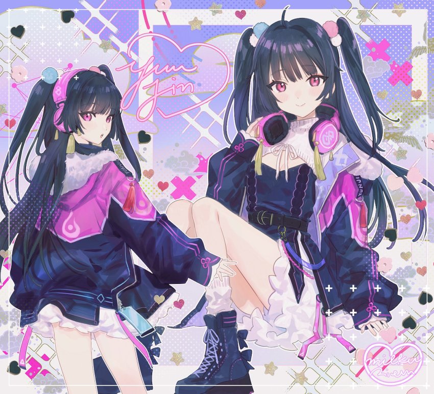 1girl, alternate_costume, artist_name, black_hair, black_shirt, blouse, blush, boots