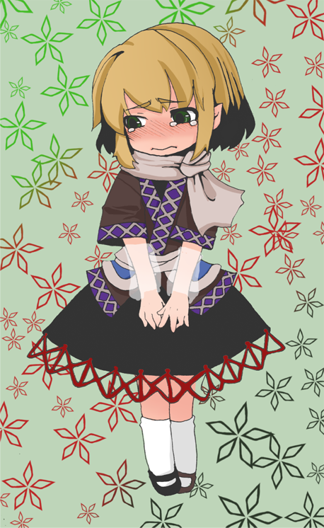 1girl, arm_warmers, black_shirt, black_shoes, black_skirt, blonde_hair, blouse, blush