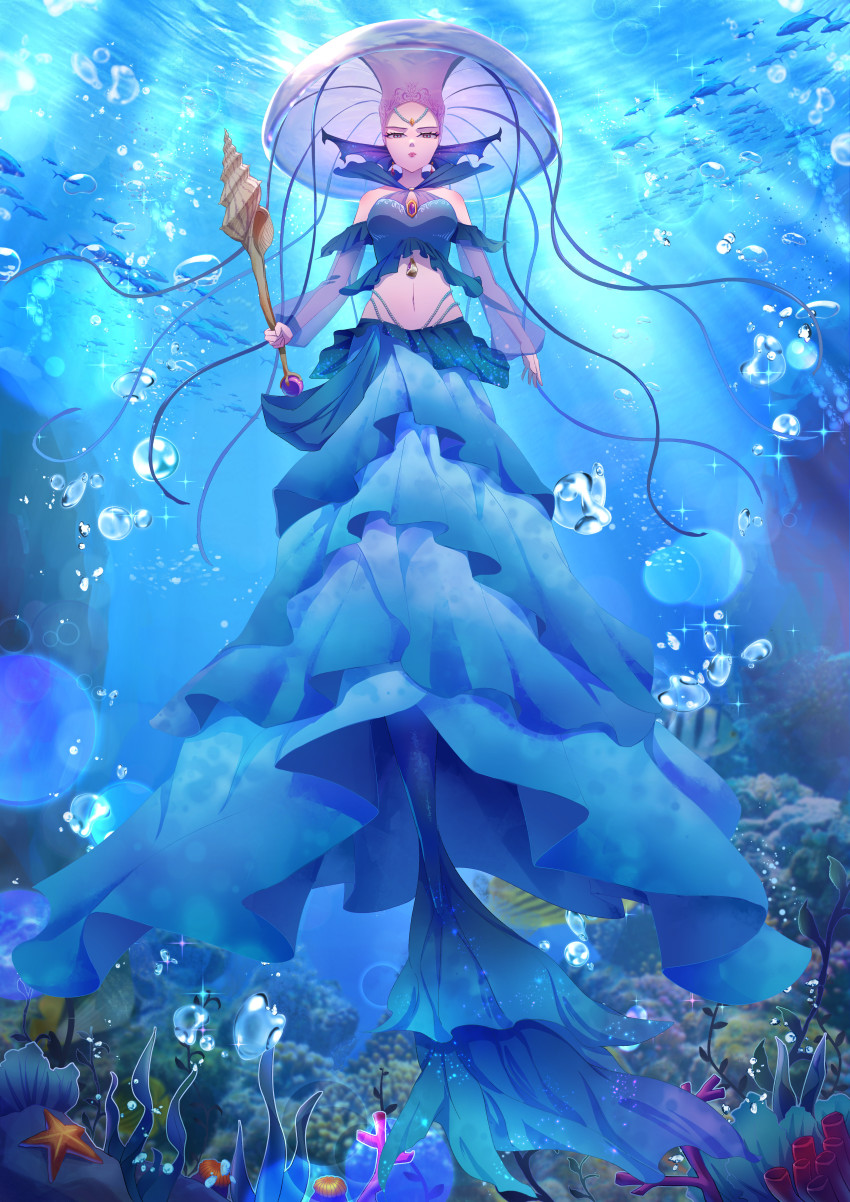 1girl, absurdres, air_bubble, aqua_skirt, bare_shoulders, brooch, bubble, closed_mouth
