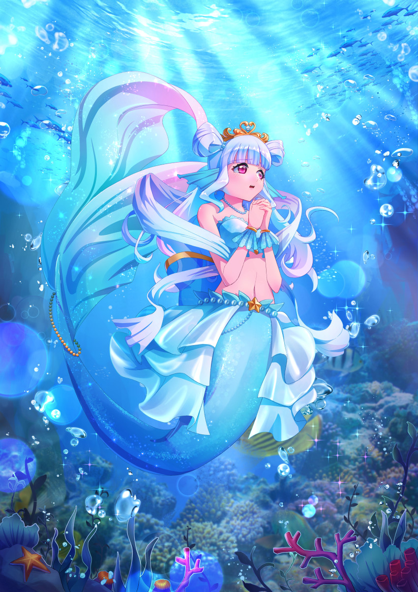 1girl, absurdres, air_bubble, blue_hair, blue_skirt, blunt_bangs, blush, breasts, bubble, commentary, crop_top, fins, fish, hagoromo, hair_rings, hands_up, head_fins, highres, jewelry, lens_flare, light_blue_hair, light_rays, long_hair, medium_breasts, mermaid, monster_girl, navel, necklace, open_mouth, original, own_hands_clasped, own_hands_together, pearl_necklace, pink_eyes, princess, senkun, shawl, showgirl_skirt, sidelocks, skirt, solo, strapless, tareme, tiara, underwater, wrist_cuffs