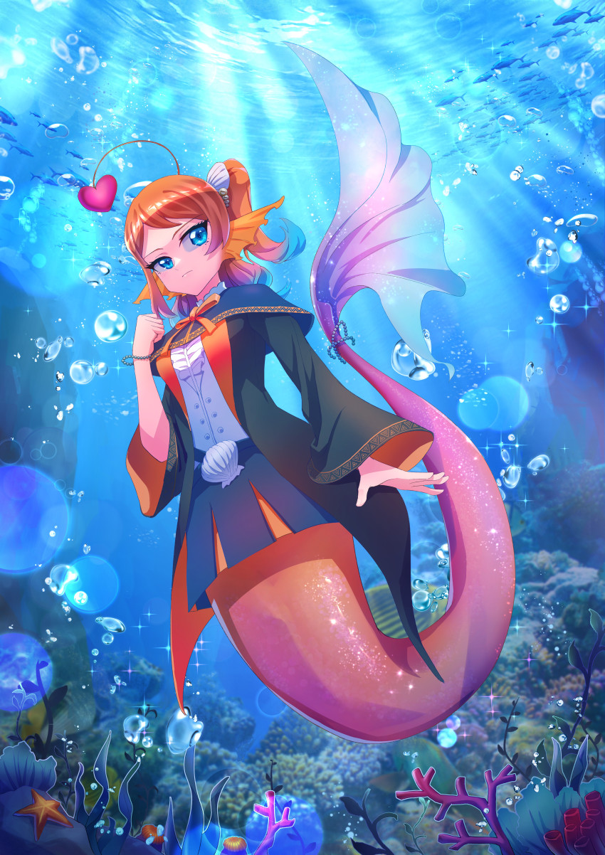 1girl, :|, absurdres, air_bubble, antennae, arm_at_side, black_capelet, black_skirt