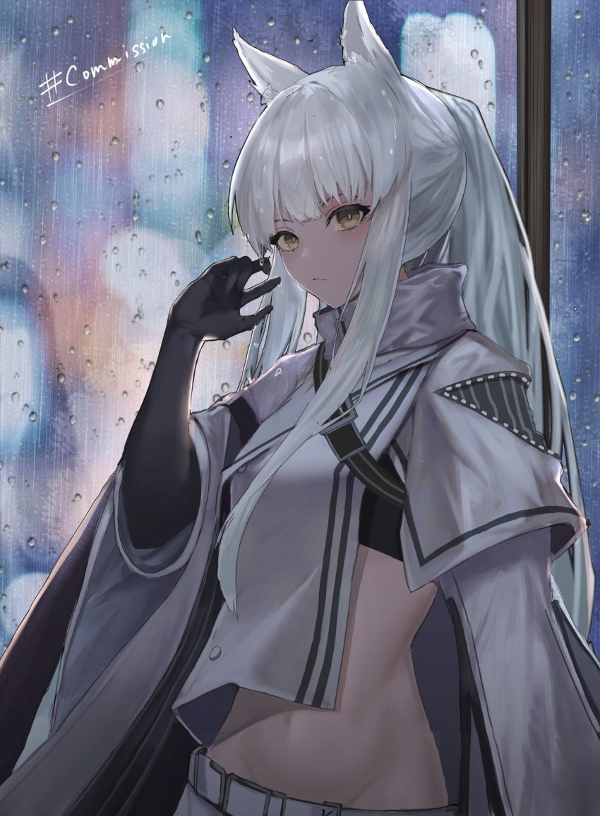 1girl, animal_ears, arknights, belt, black_bra, black_gloves, blurry, blurry_background, bra, commission, cowboy_shot, elbow_gloves, gloves, groin, hand_up, highres, horse_ears, jacket, long_hair, looking_at_viewer, navel, okayannosuke, pants, platinum_(arknights), ponytail, rain, sidelocks, skeb_commission, solo, underwear, white_belt, white_hair, white_jacket, white_pants, yellow_eyes