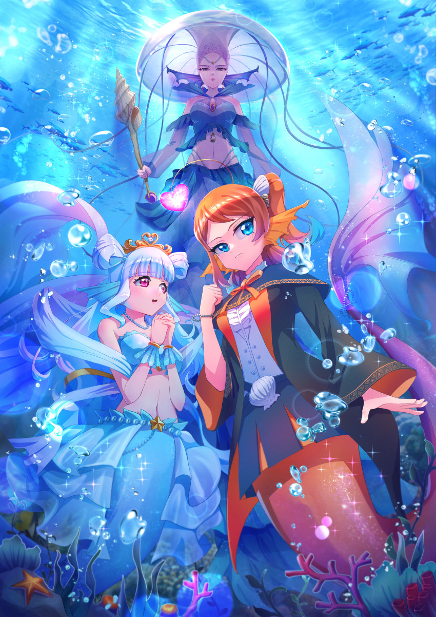 3girls, :|, absurdres, air_bubble, antennae, aqua_skirt, arm_at_side, asymmetrical_skirt