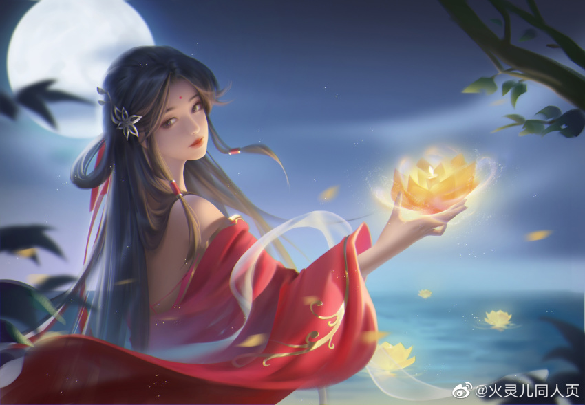 1girl, black_hair, branch, dress, facial_mark, flower, forehead_mark, huo_linger_(wanmei_shijie), huo_linger_tongren_she, leaf, looking_back, lotus, moon, night, off-shoulder_dress, off_shoulder, red_dress, ribbon, solo, upper_body, wanmei_shijie