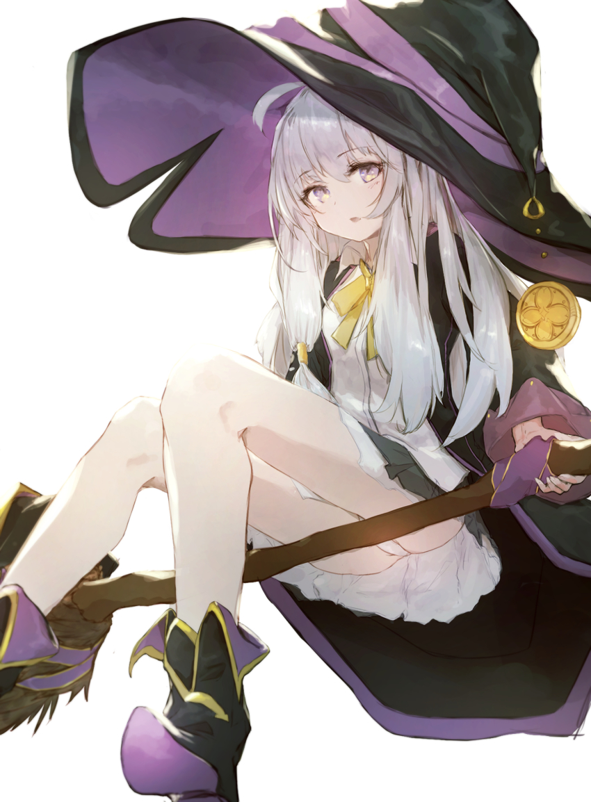1girl, ahoge, bad_id, bad_pixiv_id, boots, broom, broom_riding, cloak, collared_shirt, elaina_(majo_no_tabitabi), hat, hat_ornament, highres, large_hat, long_hair, long_sleeves, looking_at_viewer, low-tied_long_hair, majo_no_tabitabi, mihoranran, neck_ribbon, open_mouth, panties, pantyshot, pleated_skirt, pointy_boots, purple_eyes, ribbon, shirt, sitting, skirt, solo, underwear, white_hair, witch_hat