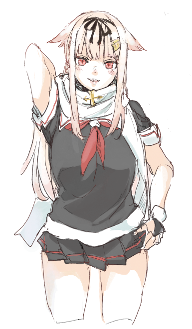 1girl, black_ribbon, black_serafuku, black_skirt, blonde_hair, blush, cowboy_shot, cropped_legs