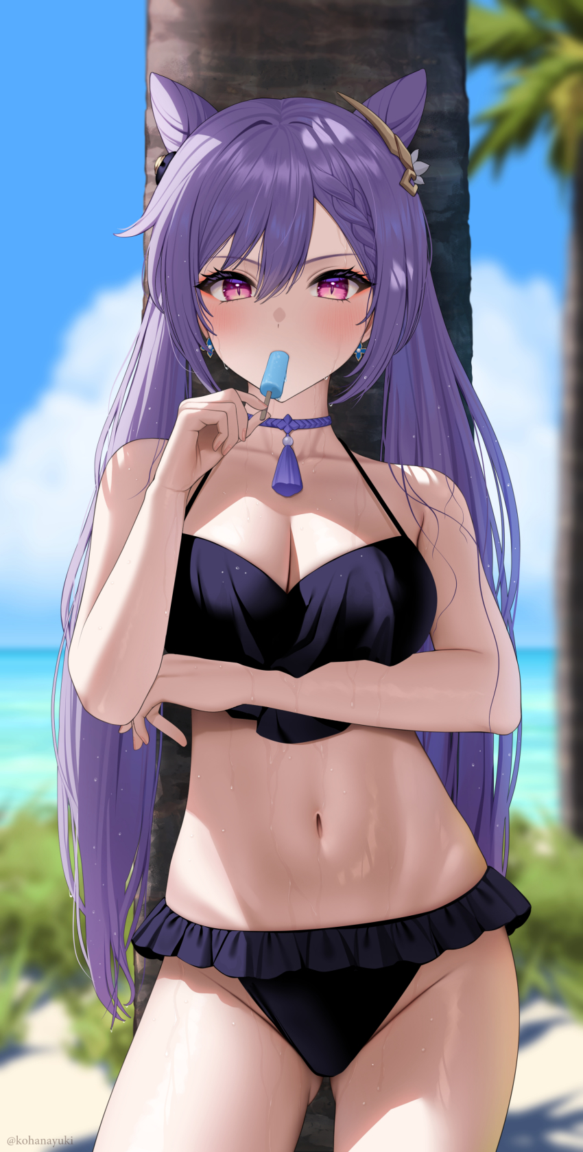 1girl, absurdres, arm_under_breasts, beach, bikini, black_bikini, blue_sky, blurry