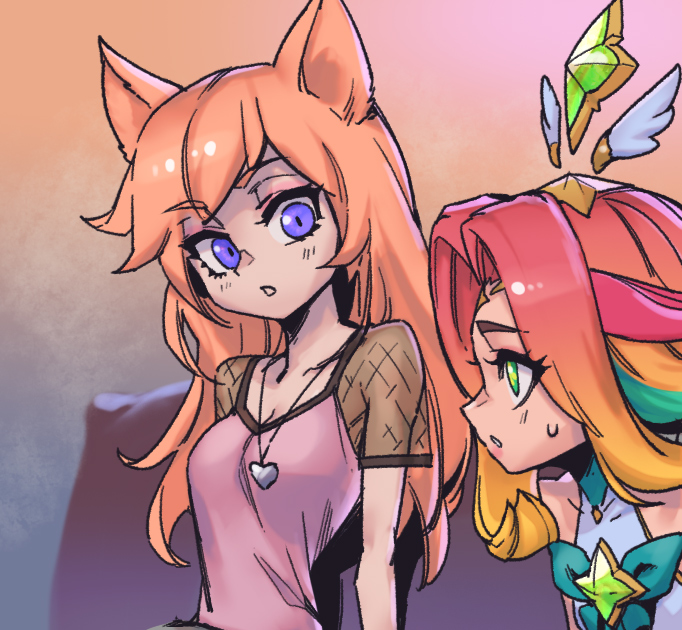 2girls, :o, ahri_(league_of_legends), alternate_costume, animal_ears, bare_shoulders, blonde_hair, bow