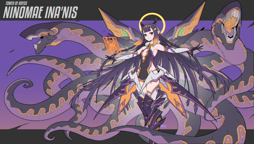 1girl, adapted_costume, black_hair, blue_eyes, blunt_bangs, flat_chest, gradient_hair, halo