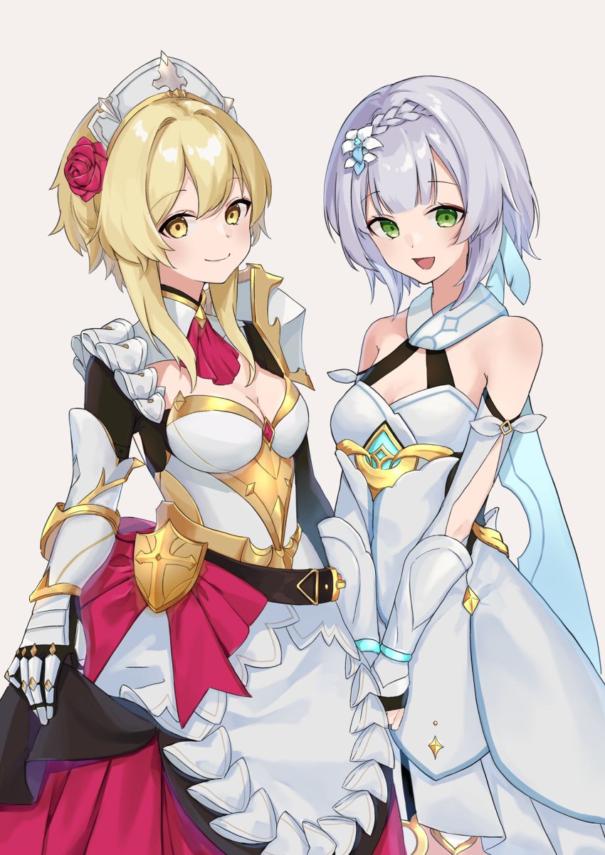 2girls, armor, armored_dress, ascot, belt, blonde_hair, blush, braid