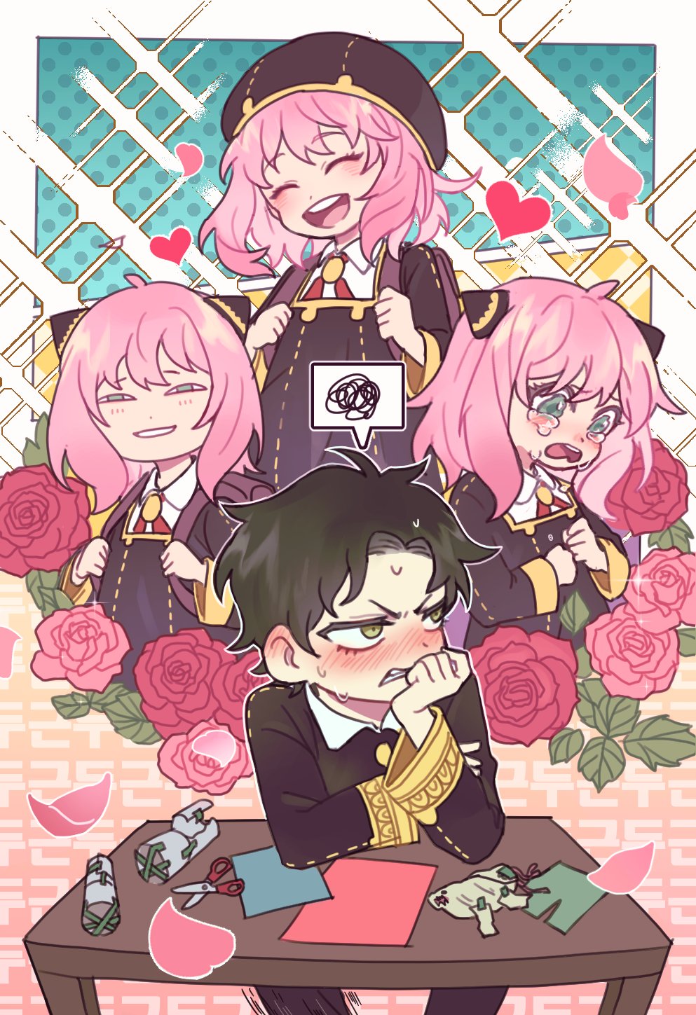 1boy, 1girl, :d, anya's_heh_face_(meme), anya_(spy_x_family), black_dress, black_hair, black_jacket, black_pants, blue_eyes, blush, brown_eyes, child, closed_eyes, collared_shirt, crying, crying_with_eyes_open, damian_desmond, dress, duck_x805, eden_academy_school_uniform, flower, gold_trim, hairpods, heart, highres, jacket, medium_dress, medium_hair, meme, multiple_views, neck_ribbon, nose_blush, open_mouth, pants, paper, petals, pink_flower, pink_hair, pink_rose, red_flower, red_ribbon, red_rose, ribbon, rose, rose_petals, school_uniform, scissors, shirt, smile, smug, spy_x_family, table, tears, tsundere