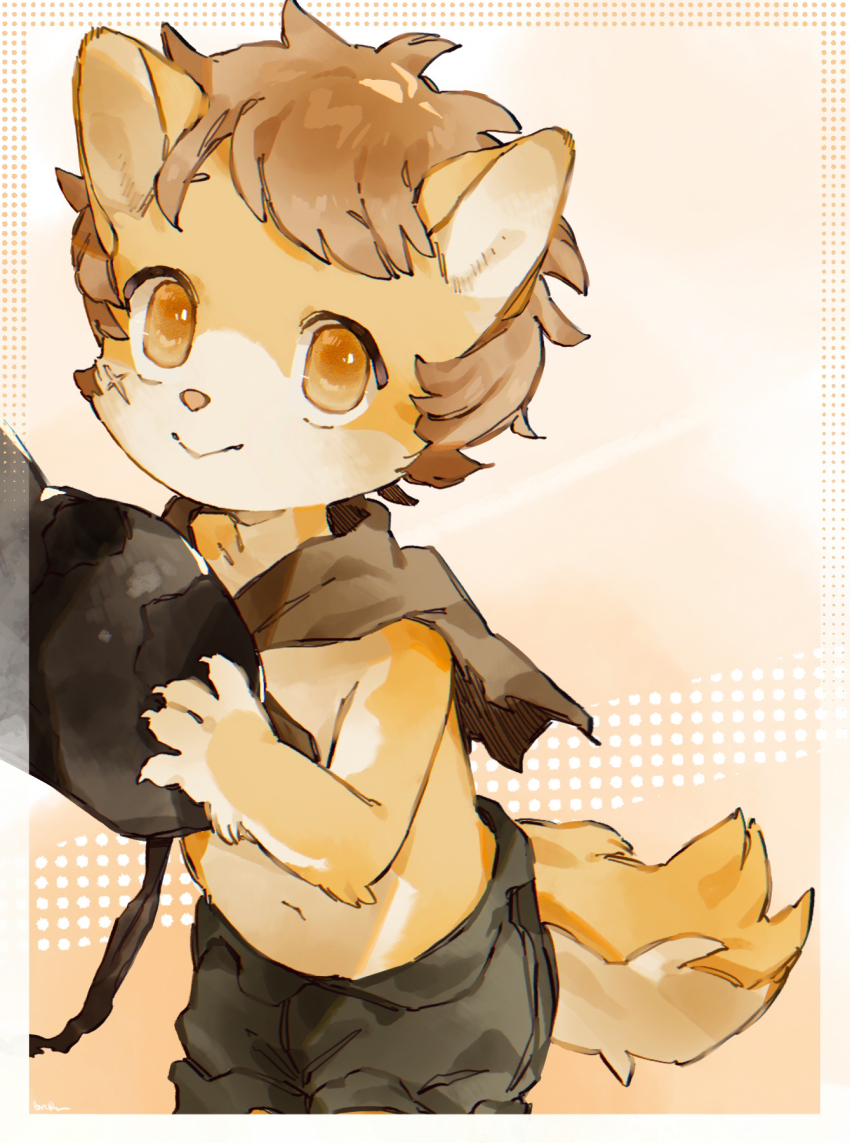 1boy, animal_ears, black_pants, border, brown_eyes, brown_hair, child, clothing_cutout