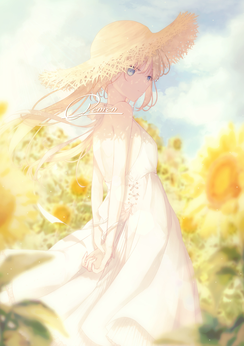 1girl, artist_name, back, blonde_hair, blue_eyes, dress, flower, hat