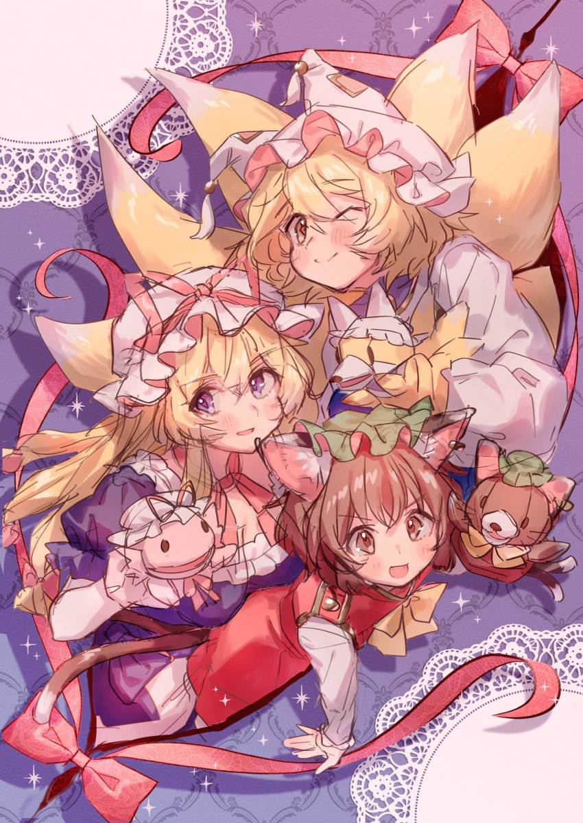 3girls, animal_ear_fluff, animal_ears, animal_hat, blush, bow, breasts, brown_eyes