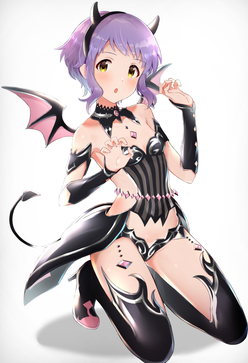 1girl, absurdres, blush, boots, breasts, claw_pose, commentary_request, demon_horns