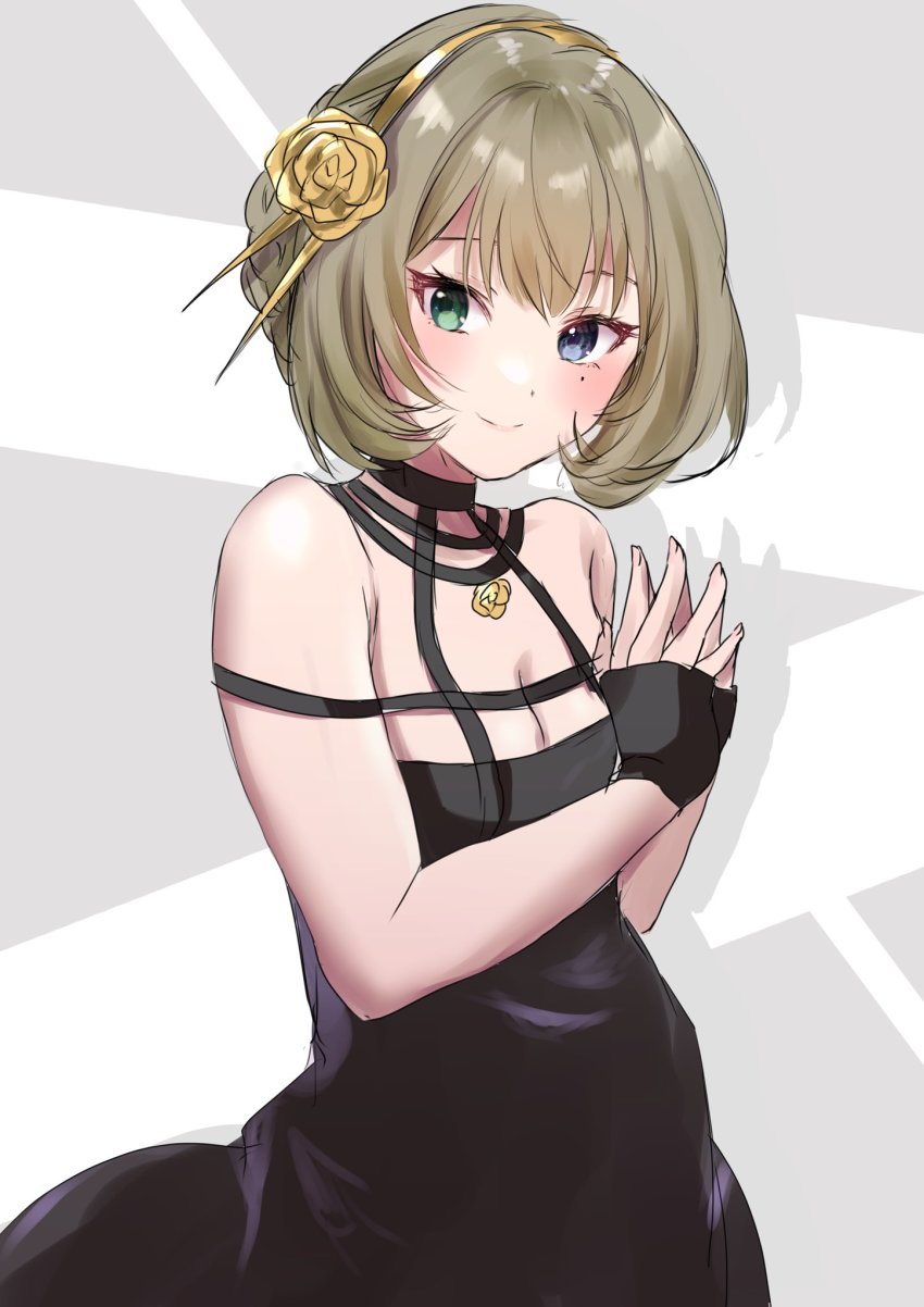 black_dress, black_gloves, blue_eyes, chii_(sbshop), dress, evening_gown, fingerless_gloves, flower