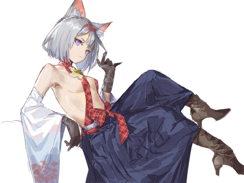 1girl, animal_ear_fluff, animal_ears, black_footwear, black_gloves, black_skirt, boots, bow