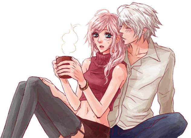 10s, 1boy, 1girl, bad_id, bad_pixiv_id, blush, couple, cup
