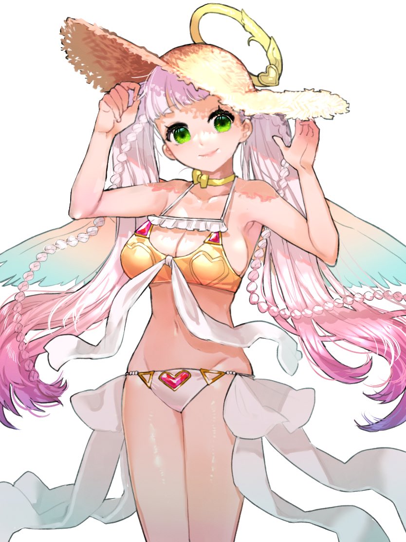 1girl, angel, angel_wings, bikini, bow, bow_choker, breasts, choker
