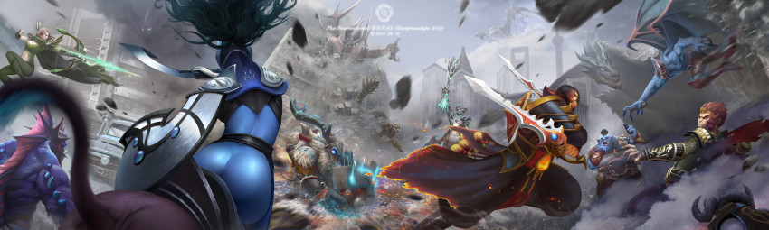 4girls, 6+boys, absurdres, armor, arrow_(projectile), ass, back, blue_bodysuit, blue_hair, blue_sky, blurry, blurry_foreground, bodysuit, bow_(weapon), cape, car, demon, doom_(dota), dota_(series), dota_2, dragon, dragon_knight_(dota), dual_wielding, ember_spirit_(dota), fighting, gills, glaive_(polearm), green_cape, green_pants, highres, holding, holding_bow_(weapon), holding_phone, holding_shield, holding_sword, holding_weapon, ja1990, japanese_armor, lion, long_hair, luna_(dota), monkey, monkey_king_(dota), motor_vehicle, multiple_boys, multiple_girls, navel, night_stalker_(dota), nose_picking, ogre_magi, orange_hair, outdoors, outworld_destroyer_(dota), pants, phone, polearm, ponytail, quiver, riding, riki_(dota), rubick_(dota), sand_king, selfie, shield, short_sleeves, sky, slardar, spectre_(dota), sword, throwing, weapon, windranger_(dota), winter_wyvern_(dota), wyvern