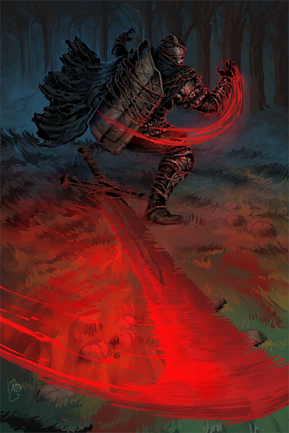 1other, armor, artist_logo, bell_bearing_hunter_(elden_ring), blood, blood_on_ground, cape, depietro_draws