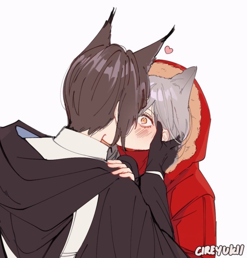 1boy, 1girl, animal_ears, arknights, black_coat, black_gloves, blush, brown_hair