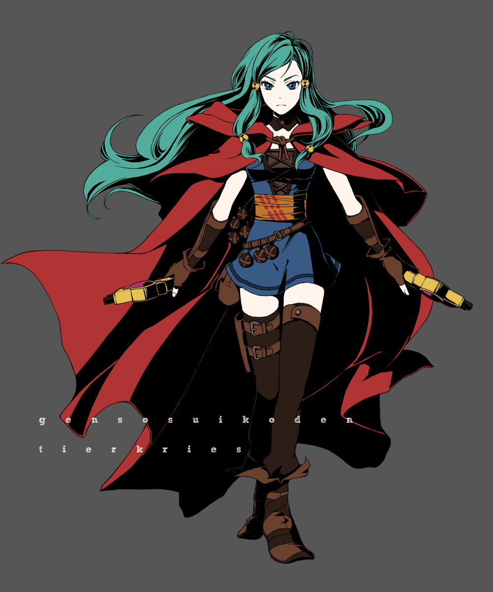 251, blue_eyes, cape, dress, fingerless_gloves, gensou_suikoden, gensou_suikoden_tierkreis, gloves, green_hair, gun, highres, long_hair, minen_(suikoden), thighhighs, weapon, zettai_ryouiki