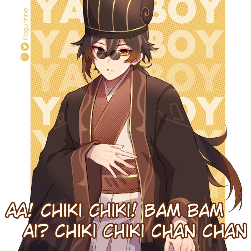 1boy, alternate_costume, artist_name, brown_hair, chinese_clothes, ciki_ciki_bam_bam, english_text, genshin_impact