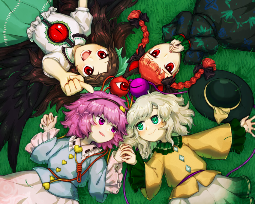 4girls, :d, :o, animal_ears, bird_wings, black_bow, black_hairband, black_headwear