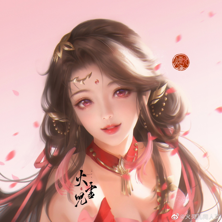 1girl, bare_shoulders, brown_hair, chinese_clothes, facial_mark, forehead_mark, hair_ornament, hair_rings