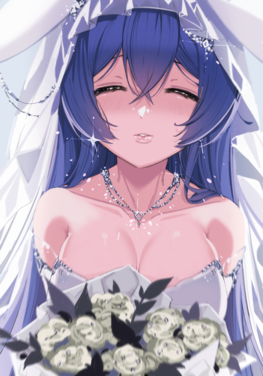 1girl, absurdly_long_hair, azur_lane, blue_hair, blush, bouquet, breasts, bridal_veil, bride, cleavage, closed_eyes, dress, elbow_gloves, face-to-face, flower, formal_clothes, gloves, hair_between_eyes, hair_ornament, hair_ribbon, highres, holding, holding_bouquet, imminent_kiss, jewelry, kiss, lips, lisa_(faeuna), long_hair, looking_at_viewer, new_jersey_(azur_lane), new_jersey_(snow-white_ceremony)_(azur_lane), ribbon, rose, strapless, strapless_dress, veil, very_long_hair, wedding, wedding_dress, white_dress, white_flower, white_gloves, white_rose