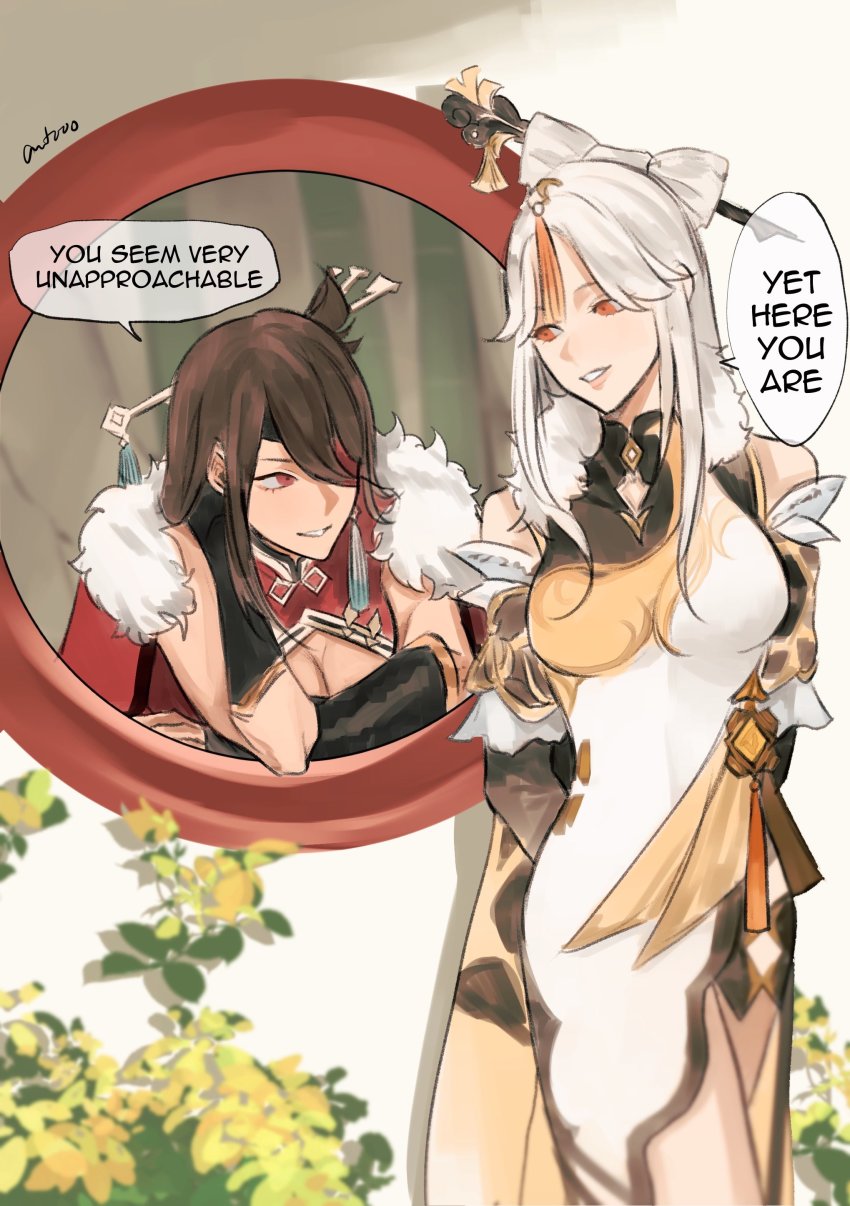 2girls, absurdres, anna_(anta_baka00), beidou_(genshin_impact), black_gloves, blush, breasts, brown_hair