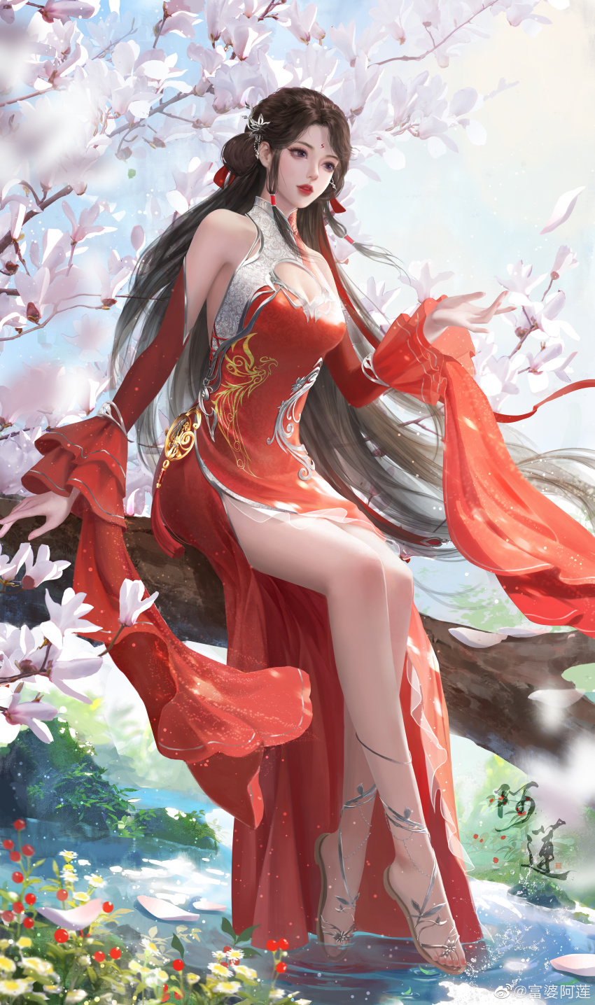 1girl, absurdres, bare_legs, blue_sky, brown_hair, chinese_clothes, cleavage_cutout, clothing_cutout, dress, facial_mark, forehead_mark, full_body, fupo_alian, grass, hair_ornament, hair_rings, high_heels, highres, huo_linger_(wanmei_shijie), long_hair, moss, red_dress, ripples, rock, sitting, sky, solo, wanmei_shijie, water