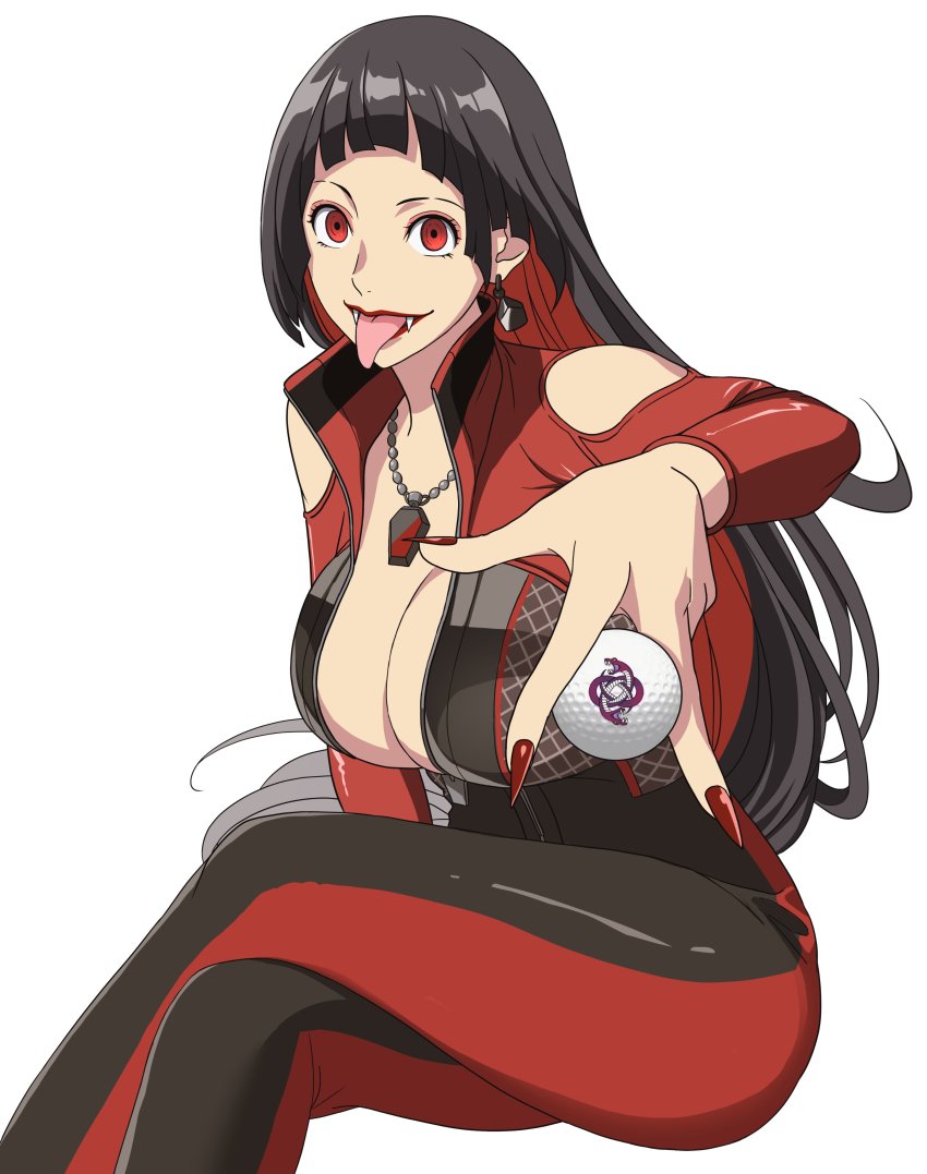 1girl, absurdres, ball, birdie_wing:_golf_girls'_story, black_hair, bodysuit, breasts, cleavage, clothing_cutout, ear_piercing, earrings, fangs, fingernails, golf_ball, highres, holding, holding_ball, jewelry, large_breasts, long_fingernails, long_hair, multicolored_hair, nail_polish, necklace, no_bra, piercing, red_eyes, red_hair, red_nails, shoulder_cutout, solo, sosona, tongue, tongue_out, unzipped, vipère