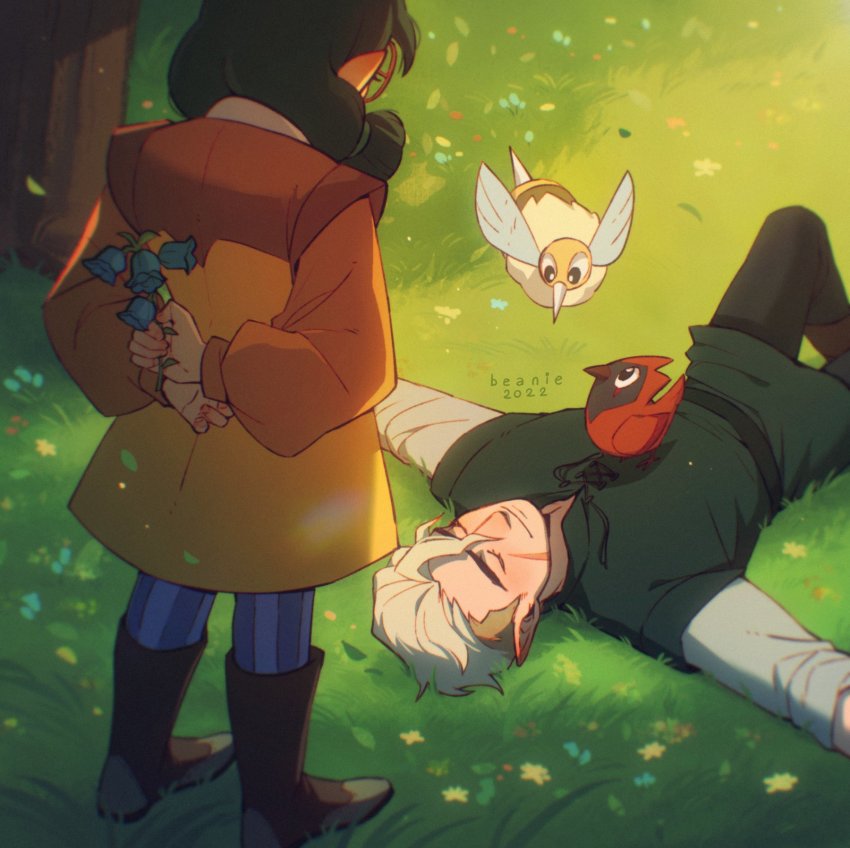 1boy, 1girl, beaniewinnie96, bird, blonde_hair, boots, closed_eyes, clover_(the_owl_house)